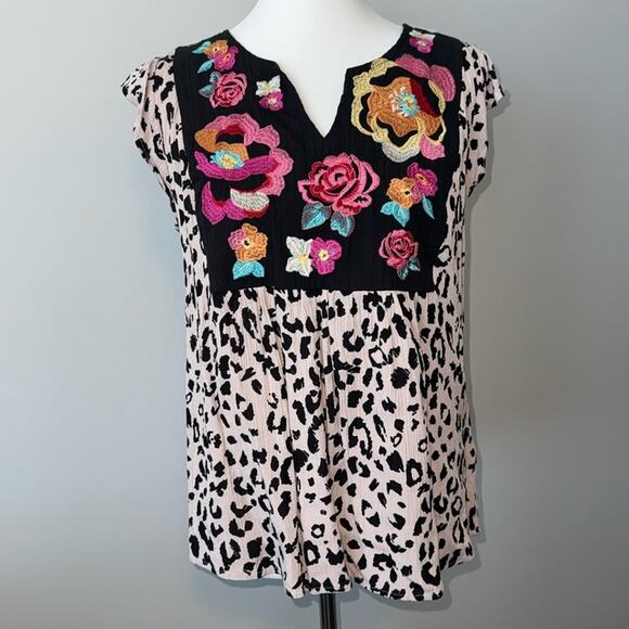 Savanna Jane Black Leopard Embroidered Floral Flutter Sleeveless Tunic Women's M - Picture 1 of 6